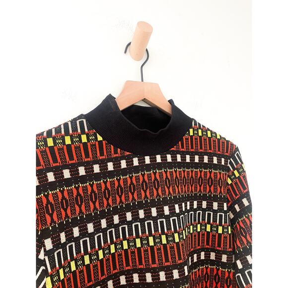 Zara Jacquard Geo Stripe Mock Neck Top Large Black Orange Retro 70s Long Sleeve - Picture 5 of 11
